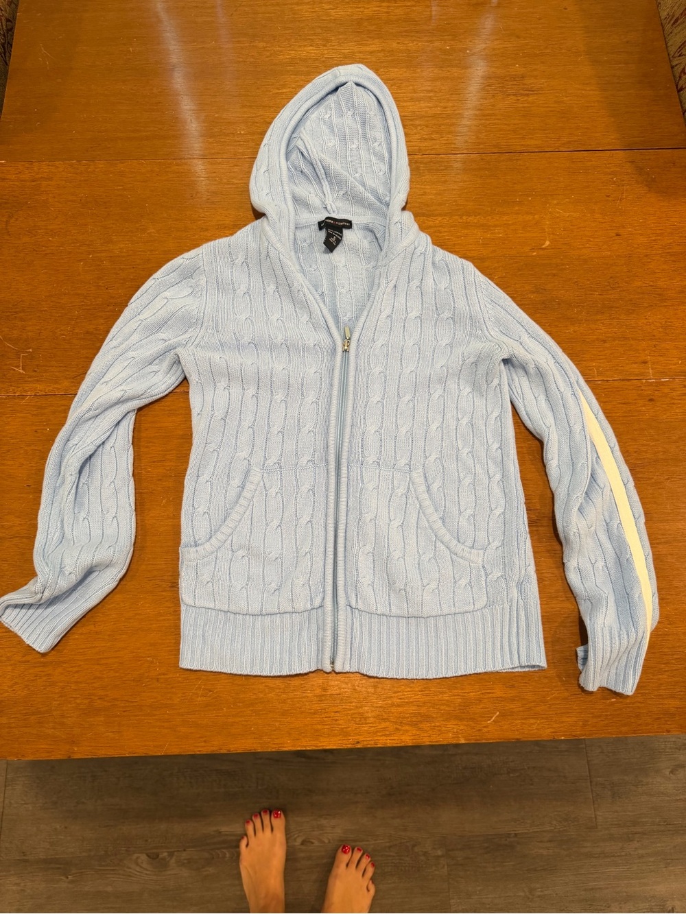 New York & Company Light Blue Hooded Cable Knit Zip Jacket